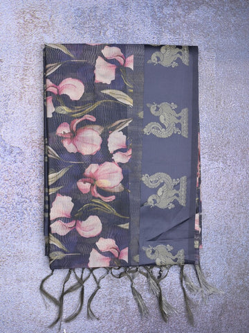 Tussar fancy saree navy blue color allover prints & weaving border with zari pallu and attached blouse