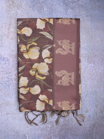 Tussar fancy saree brown color allover prints & weaving border with zari pallu and attached blouse