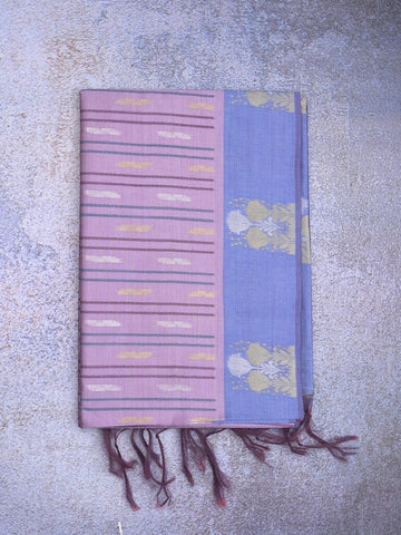 Tussar fancy saree purple color allover weaves & contrast border with zari pallu and contrast blouse