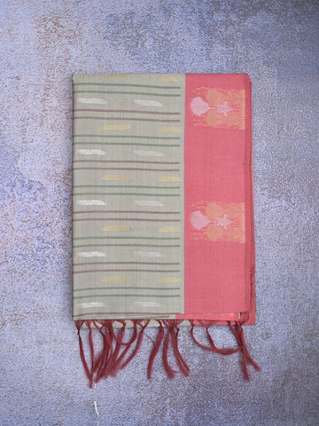 Tussar fancy saree grey color allover weaves & contrast border with zari pallu and contrast blouse
