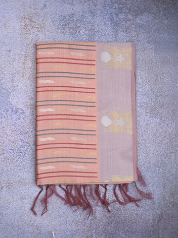 Tussar fancy saree peach color allover weaves & contrast border with zari pallu and contrast blouse