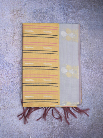 Tussar fancy saree beige color allover weaves & contrast border with zari pallu and contrast blouse