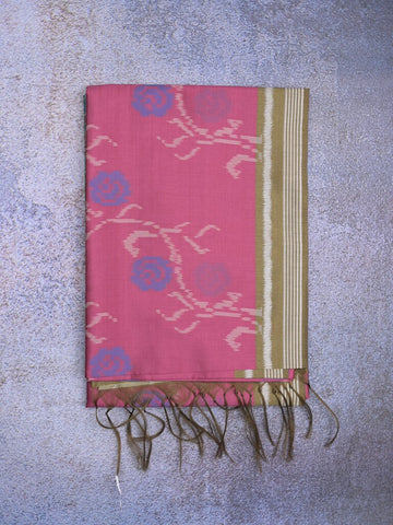 Tussar fancy saree pink color allover floral design & small border with contrast pallu and attached printed blouse