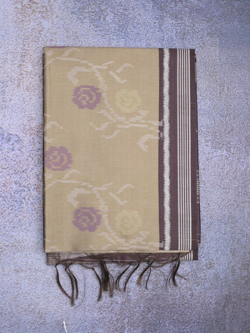 Tussar fancy saree light beige color allover floral design & small border with contrast pallu and attached printed blouse