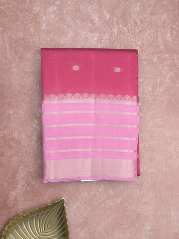 Maheshwari fancy saree pink color allover zari motifs & zari border with short zari pallu and contrast blouse
