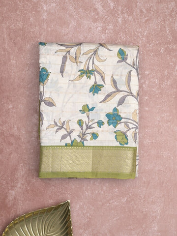 Maheshwari fancy saree white color allover prints & zari border with short zari pallu and contrast blouse