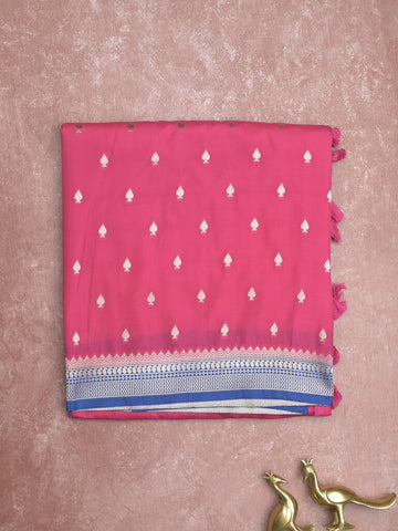 Banaras fancy saree pink color allover zari motifs & zari border with brocade pallu and contrast plain blouse