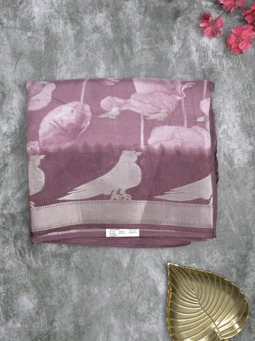 Dola silk fancy saree light purple color allover prints & contrast zari border with printed pallu and printed blouse