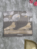 Dola silk fancy saree grey color allover prints & contrast zari border with printed pallu and printed blouse
