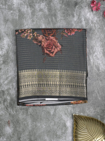 Maheshwari fancy saree grey color allover stripes, prints & zari border with zari pallu and plain blouse