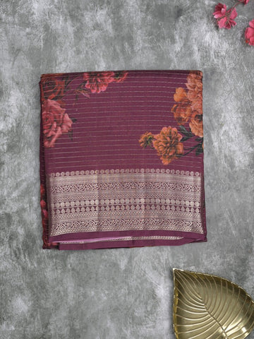 Maheshwari fancy saree wine color allover stripes, prints & zari border with zari pallu and plain blouse