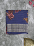 Maheshwari fancy saree royal blue color allover stripes, prints & zari border with zari pallu and plain blouse