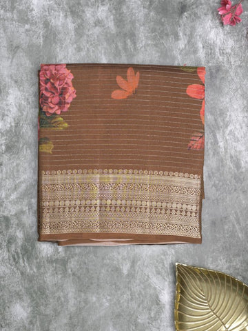 Maheshwari fancy saree brown color allover stripes, prints & zari border with zari pallu and plain blouse