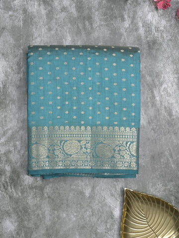 Dupion fancy saree sky blue color allover zari motifs & zari border with zari pallu and running blouse