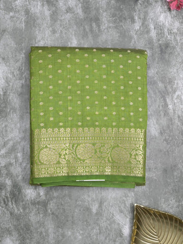 Dupion fancy saree parrot green color allover zari motifs & zari border with zari pallu and running blouse