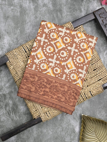 Crape fancy saree brown color allover prints & contrast border with printed pallu and attached plain blouse