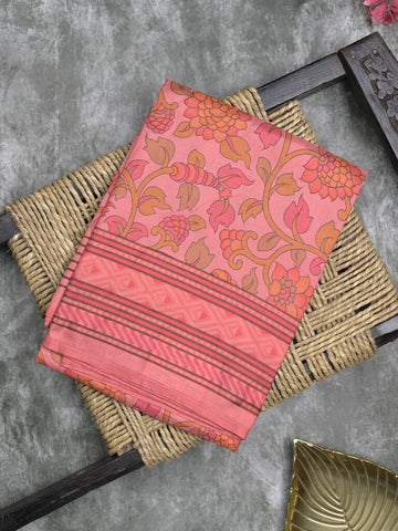 Crape fancy saree light pink color allover prints & contrast border with printed pallu and attached plain blouse