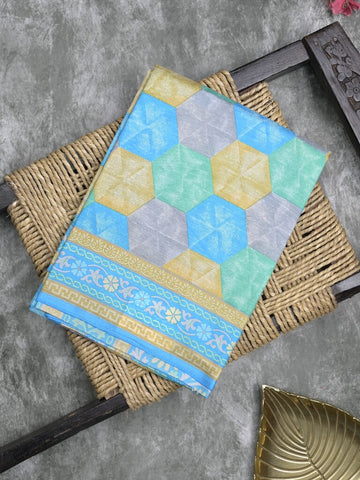 Crape fancy saree sky blue color allover prints & contrast border with printed pallu and attached plain blouse