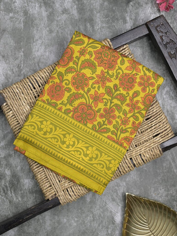 Crape fancy saree yellow color allover prints & contrast border with printed pallu and attached plain blouse