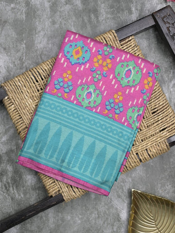 Crape fancy saree purple color allover prints & contrast border with printed pallu and attached plain blouse