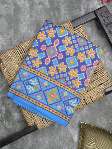 Crape fancy saree blue color allover prints & contrast border with printed pallu and attached plain blouse