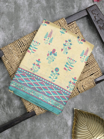 Crape fancy saree light cream color allover prints & contrast border with printed pallu and attached plain blouse