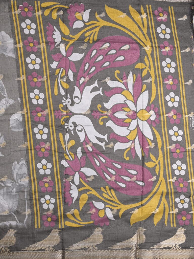 Dola silk fancy saree grey color allover prints & contrast zari border with printed pallu and printed blouse