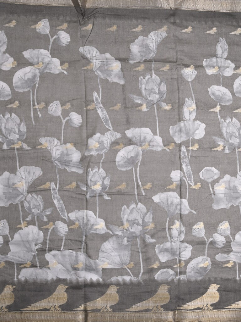 Dola silk fancy saree grey color allover prints & contrast zari border with printed pallu and printed blouse