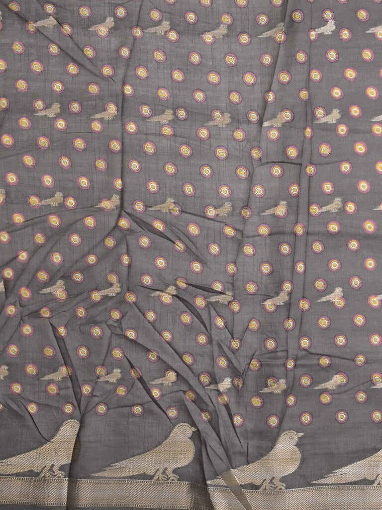 Dola silk fancy saree grey color allover prints & contrast zari border with printed pallu and printed blouse