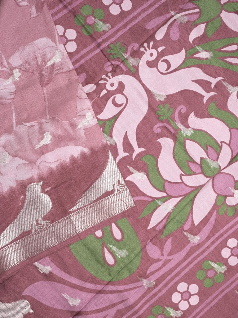 Dola silk fancy saree onion pink color allover prints & contrast zari border with printed pallu and printed blouse