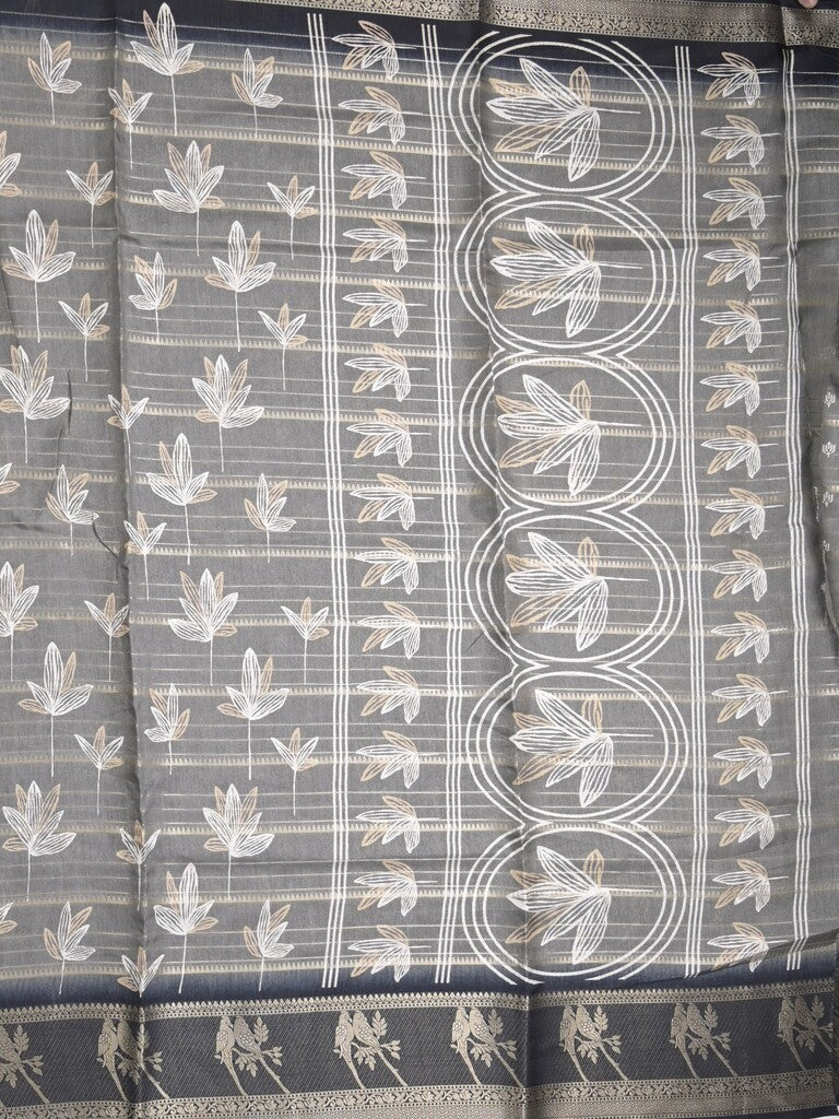 Dola silk fancy saree grey color allover prints & contrast zari border with printed pallu and printed blouse