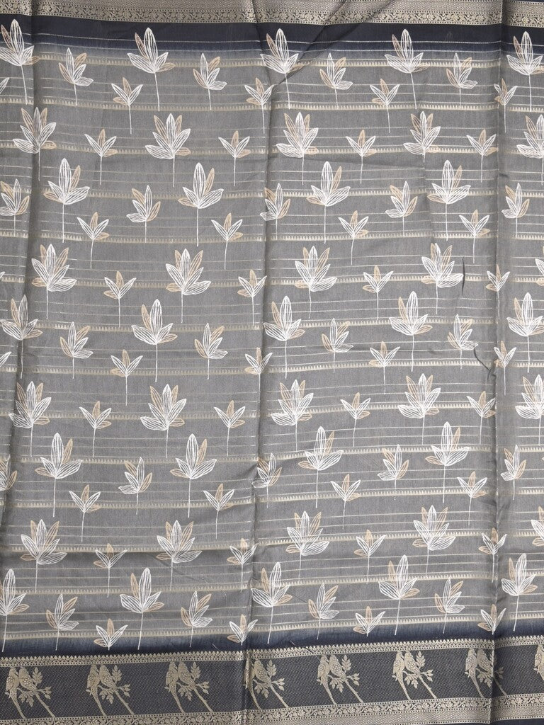 Dola silk fancy saree grey color allover prints & contrast zari border with printed pallu and printed blouse