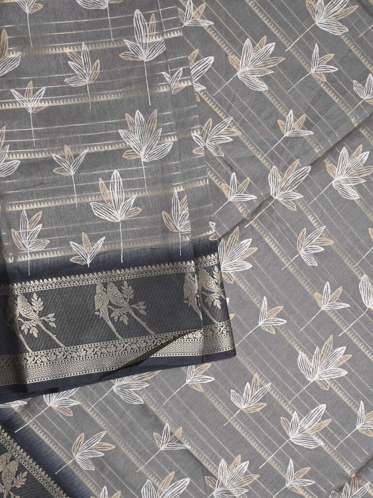 Dola silk fancy saree grey color allover prints & contrast zari border with printed pallu and printed blouse