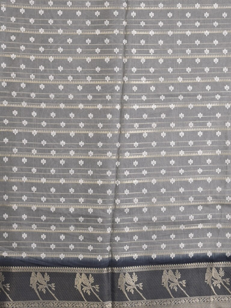 Dola silk fancy saree grey color allover prints & contrast zari border with printed pallu and printed blouse