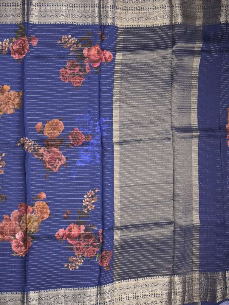 Maheshwari fancy saree royal blue color allover stripes, prints & zari border with zari pallu and plain blouse