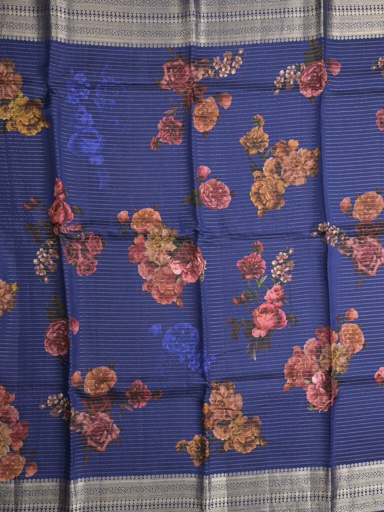 Maheshwari fancy saree royal blue color allover stripes, prints & zari border with zari pallu and plain blouse