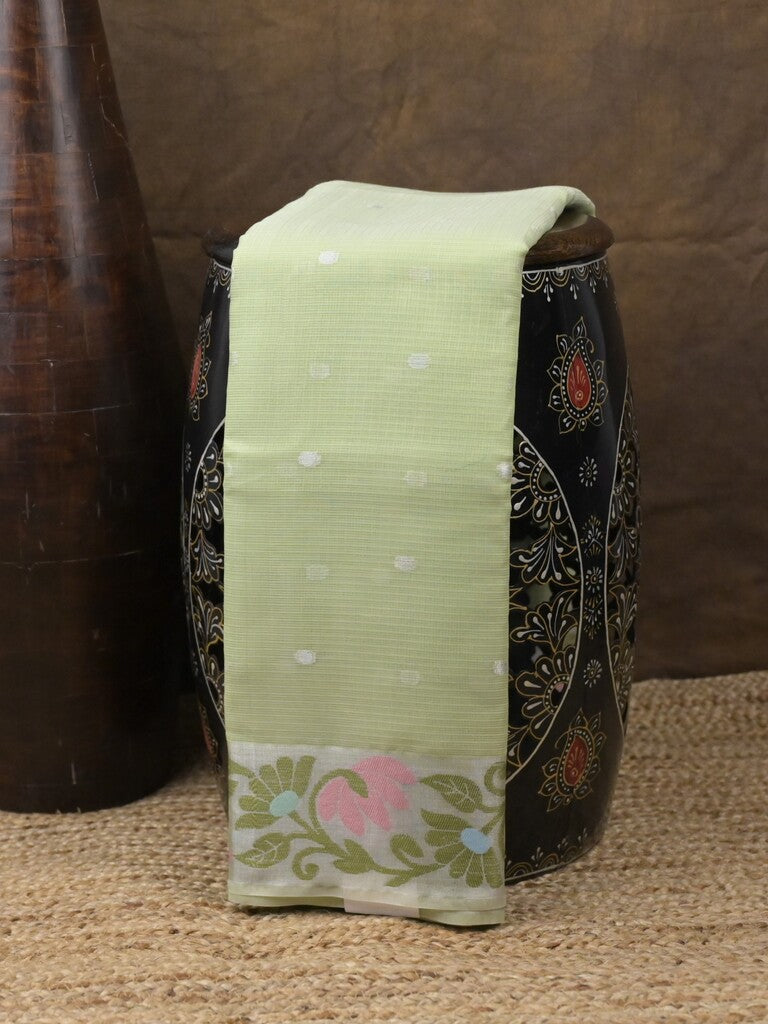 Kota fancy saree light green color allover zari motifs & zari border with self pallu and running blouse