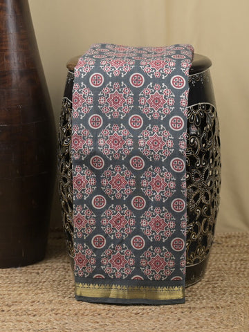 Maheshwari fancy saree grey color allover prints & small zari border and printed pallu and plain blouse