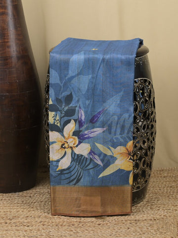 Tussar fancy saree blue color allover prints & small kaddi border with printed pallu and attached contrast plain blouse