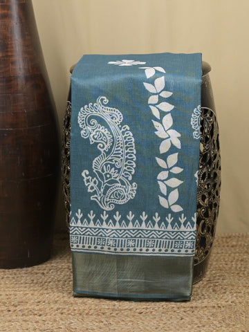 Tussar fancy saree peacock blue color allover prints & small kaddi border with printed pallu and attached plain blouse