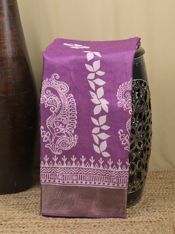 Tussar fancy saree purple color allover prints & small kaddi border with printed pallu and attached plain blouse