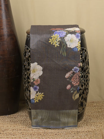 Tussar fancy saree grey color allover prints & small kaddi border with printed pallu and attached contrast plain blouse