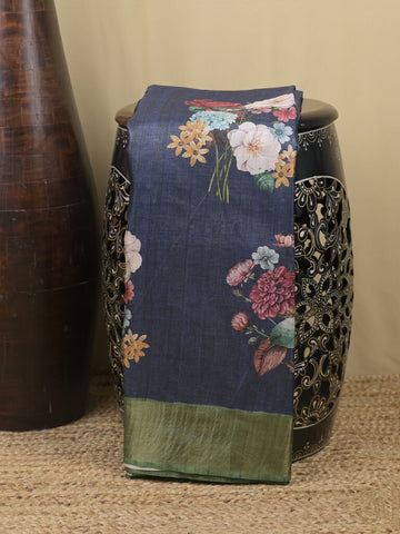 Tussar fancy saree navy blue color allover prints & small kaddi border with printed pallu and attached contrast plain blouse
