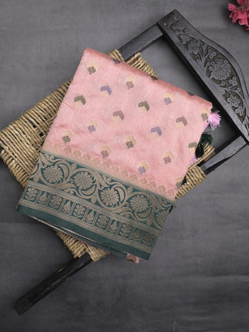 Banaras fancy saree baby pink color allover zari motifs & zari border with rich pallu and attached blouse