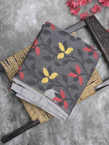 Jamdani cotton saree grey color allover weaves & weaving border with weaving pallu and attached blouse
