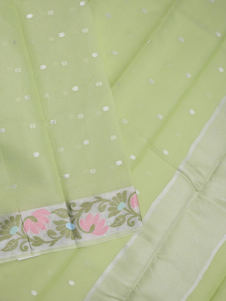 Kota fancy saree light green color allover zari motifs & zari border with self pallu and running blouse
