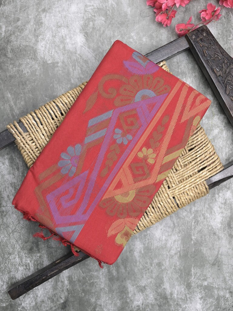 Bengali cotton saree red color allover weaves and weaving border with weaving pallu