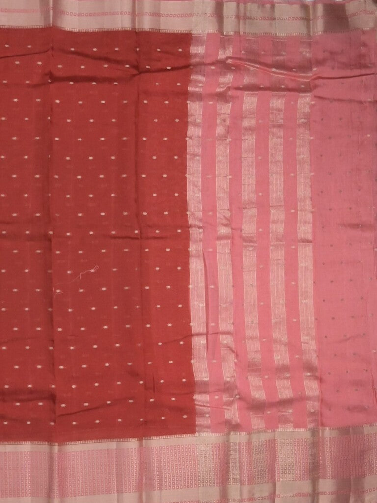 Maheshwari fancy saree maroon color allover zari motifs & zari border with contrast pallu and attached blouse