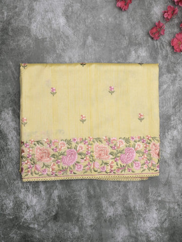Tussar fancy saree light yellow color allover embroidery motifs & embroidery border with running pallu and printed blouse