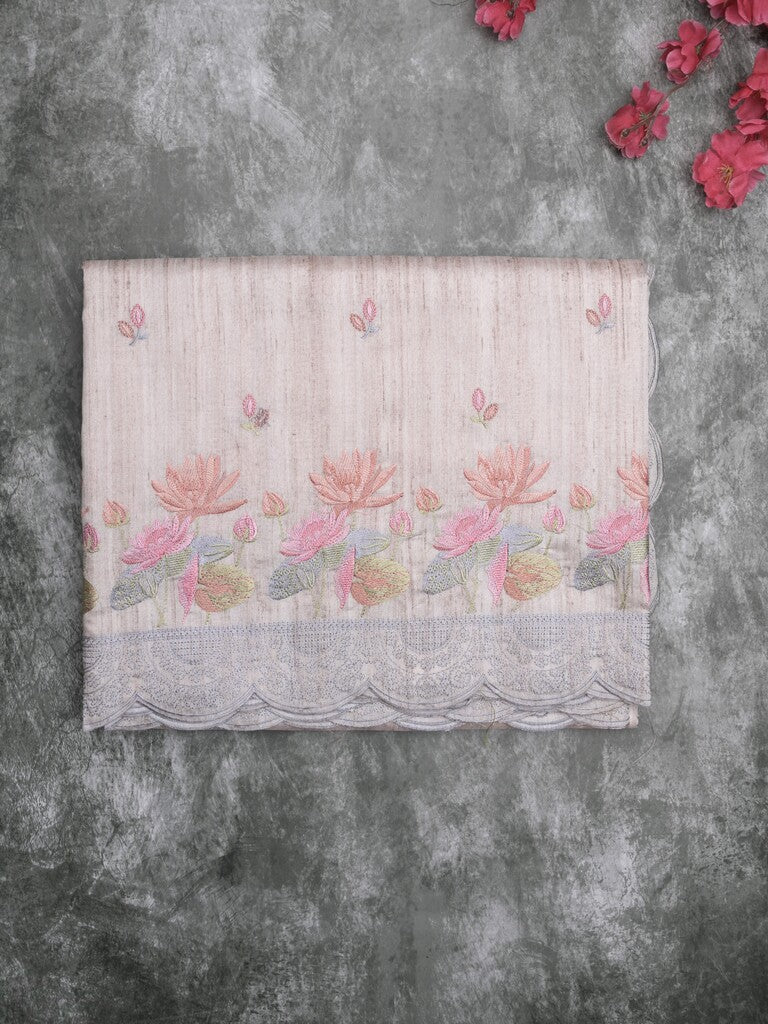 Tussar fancy saree half white color allover embroidery motifs & embroidery border with running pallu and plain blouse